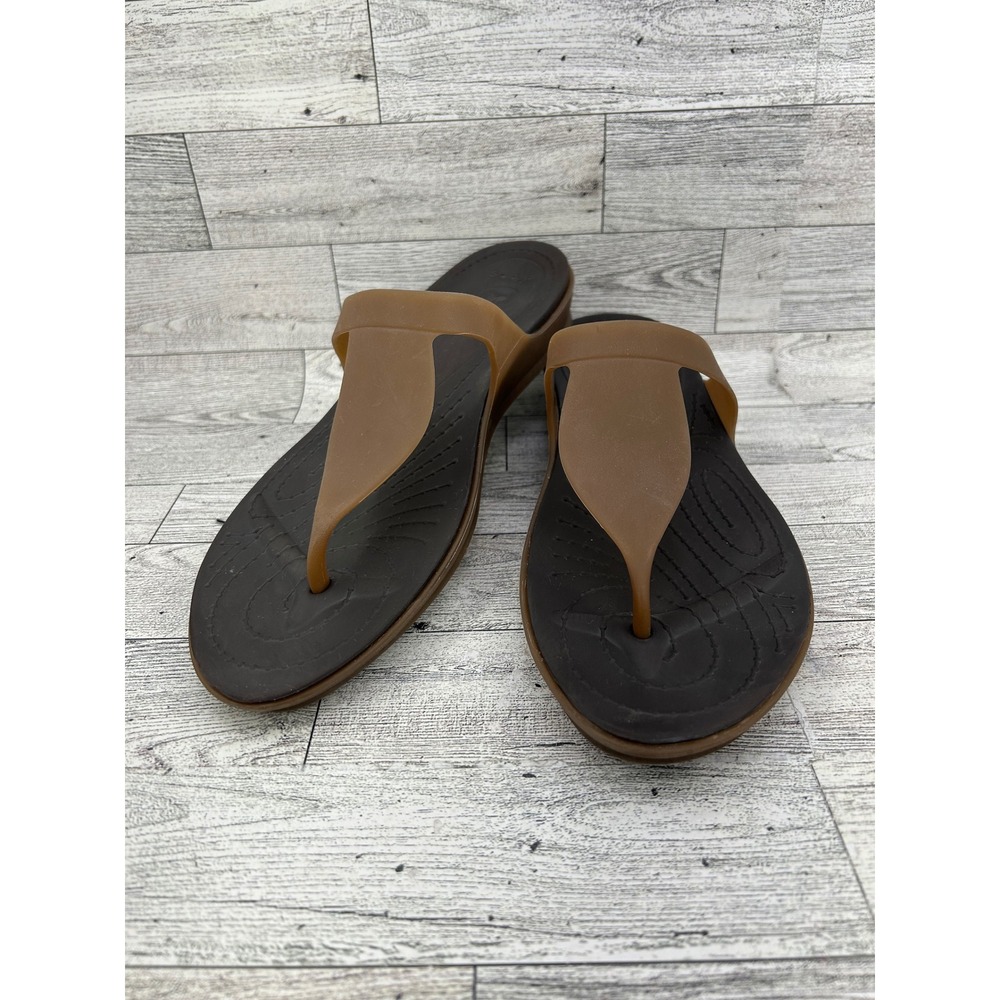 Crocs Really Sexi Flip Flop Wedge Sandals Women Sz 9 Espresso Tan Brown T-Strap‎ - Picture 2 of 11
